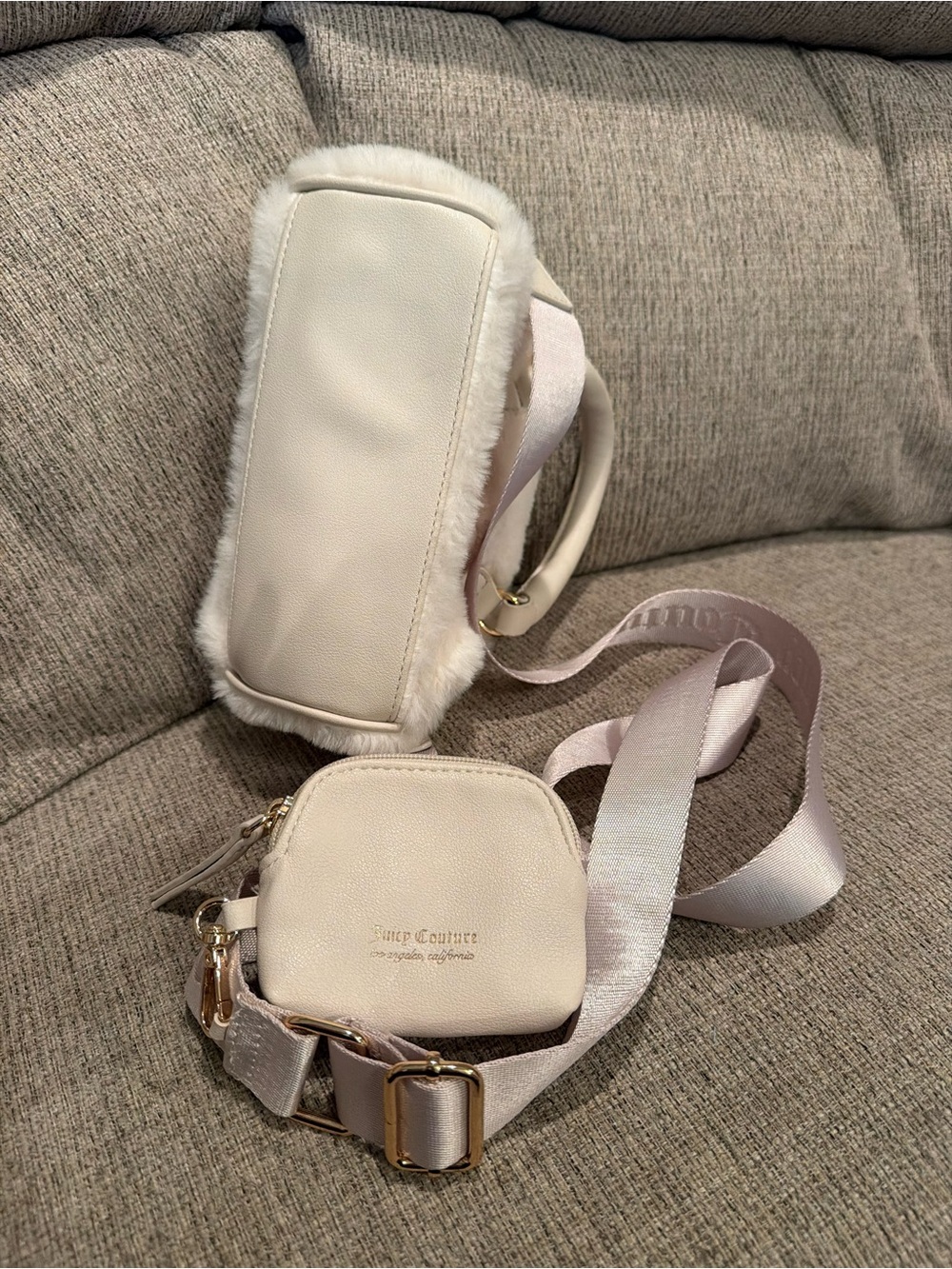 Juicy Couture Ivory Faux Fur Mini Satchel with Logo Strap & Mini Pouch - Picture 9 of 9